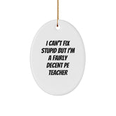 Funny PE Teacher Quotes Oval Ornament, Gifts for Men or Women PE Teachers - 'I Can't Fix Stupid But I'm A Fairly Decent PE Teacher', Christmas Unique Gifts from Friends, Family - Image 1